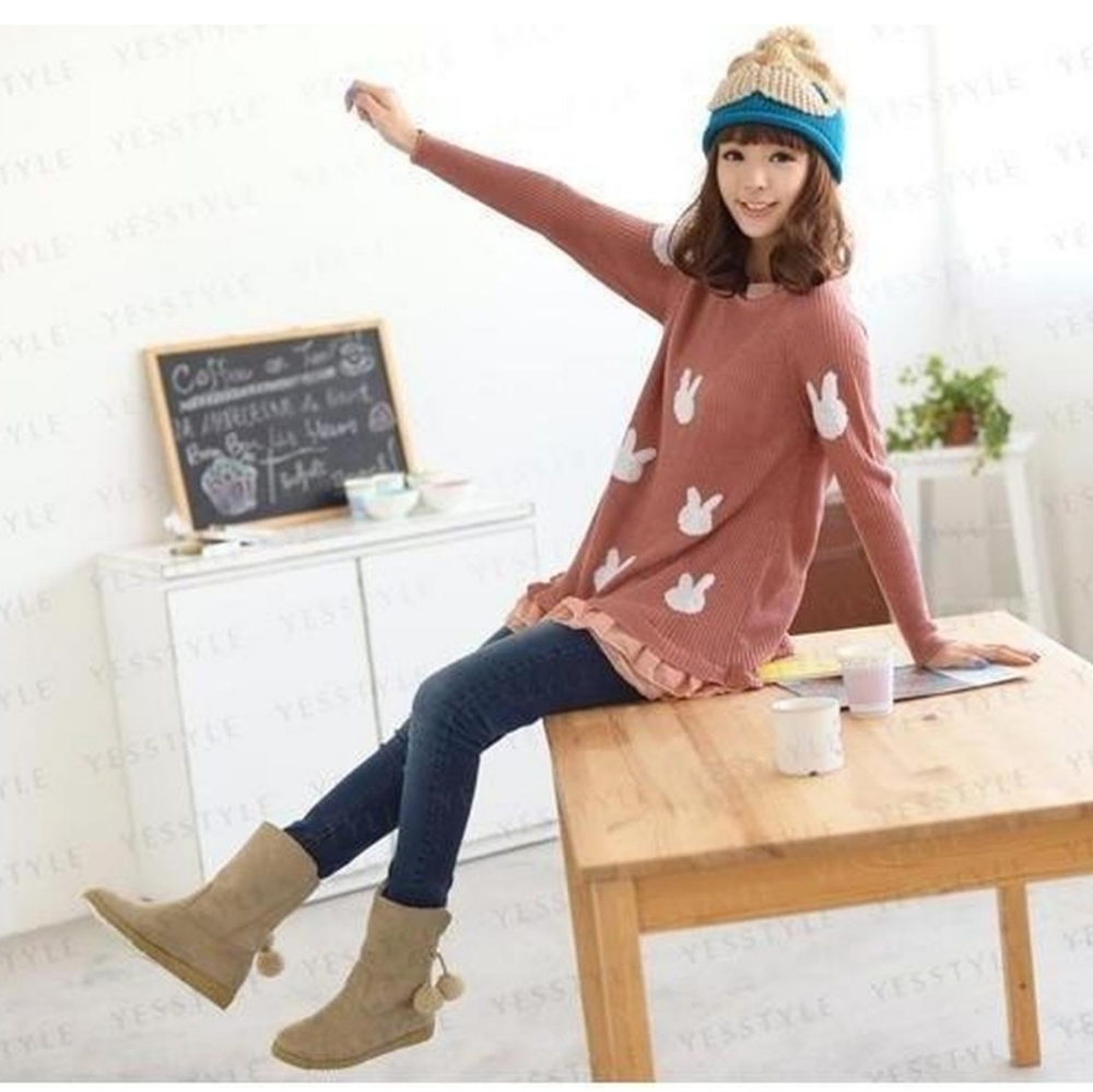 59 seconds - Frilled trim rabbit print knit tunic